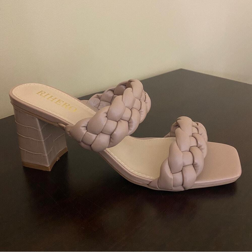 Rihero Women's Braided Heeled Sandals‎ Strappy Square Toe Slip On - Picture 2 of 7
